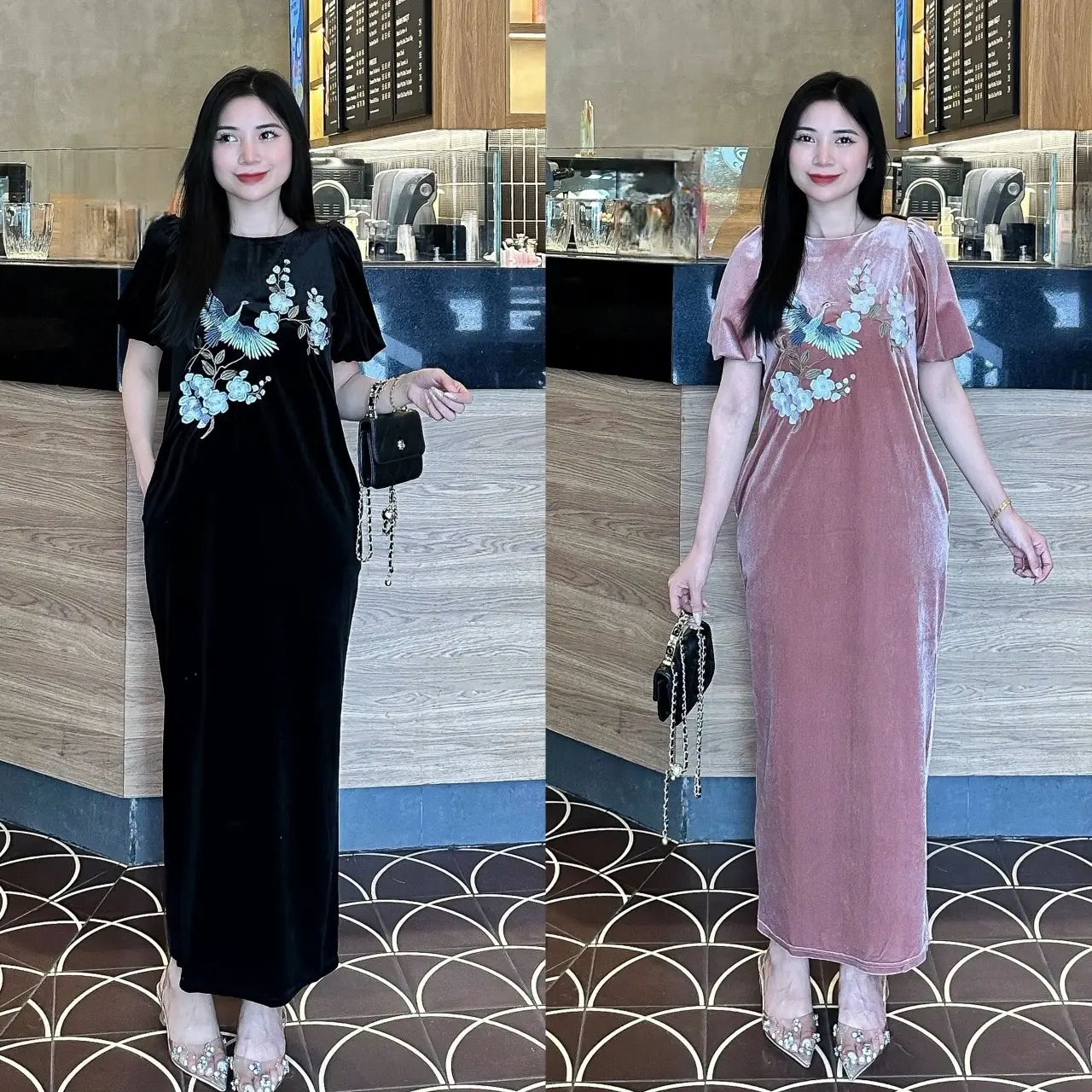 Váy nhung cộc tay thêu hoa ngực nhẹ nhàng xinh iu