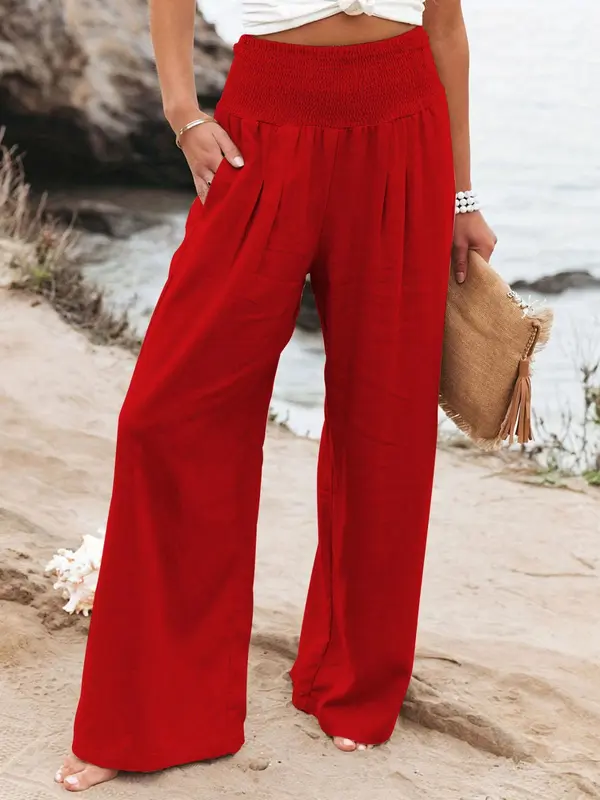 Women's Plain Pocket Shirred Wide Leg Pants, Summer Outfits 2024, Casual Comfy High Waist Straight Leg Trousers for Summer, Fashion Women's Bottoms for Daily Wear 6