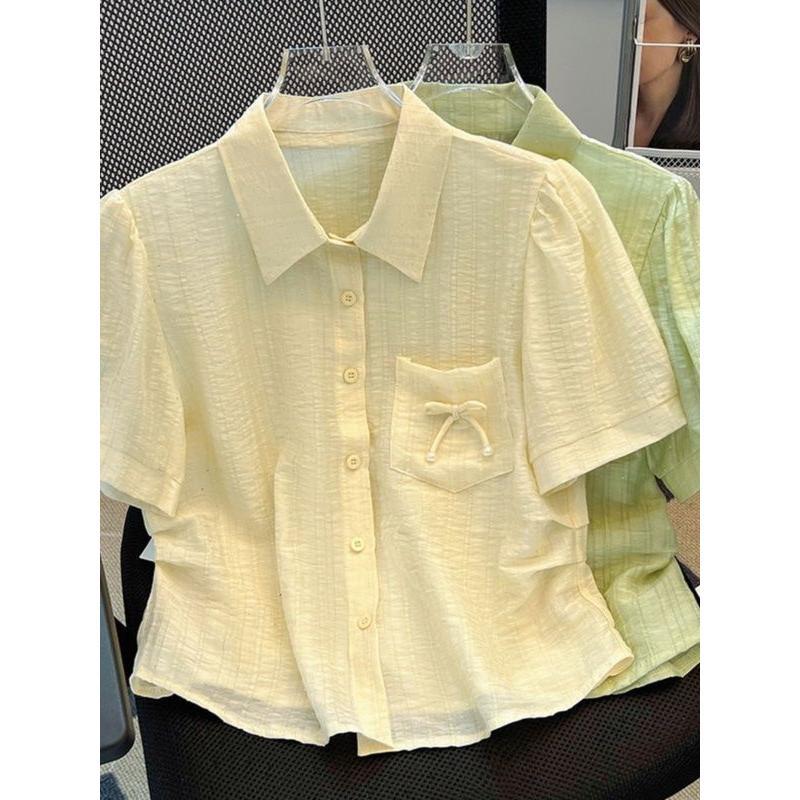Áo Voan, Áo Sơ Mi Nữ Ngắn Tay, Dáng Rộng Vừa Vặn, Thiết Kế Cổ Polo, Có Thể Giấu Bụng, Hàng Mới Về 2024, Áo Sơ Mi Độc Đáo 2