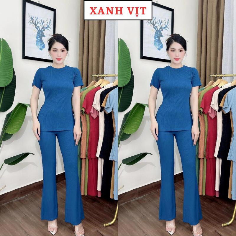 S18 Set bộ áo cổ tròn tay ngắn xẻ tà Store Phương Linh quần óng loe chất len sọc dày dặn đủ size S, M, L, XL, XXL phù cho các dịp thông thường Có thể giặt bằng máy 4