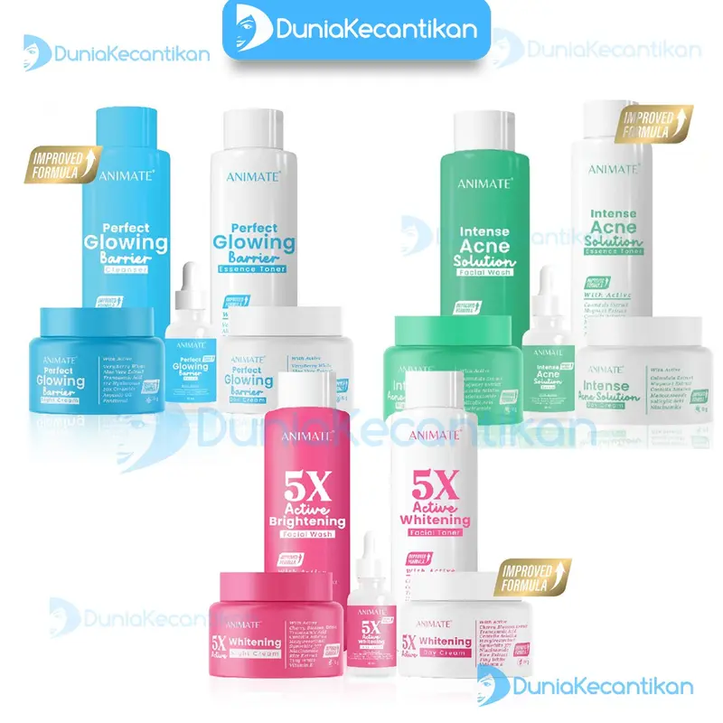 ANIMATE PAKET SKINCARE 5 IN 1 Instant Whitening //  Glowing Barrier Skin Repair // Acne Solution // 3 in 1 Acid Bersihkan Mencerahkan Wajah Facial animate  biru 1