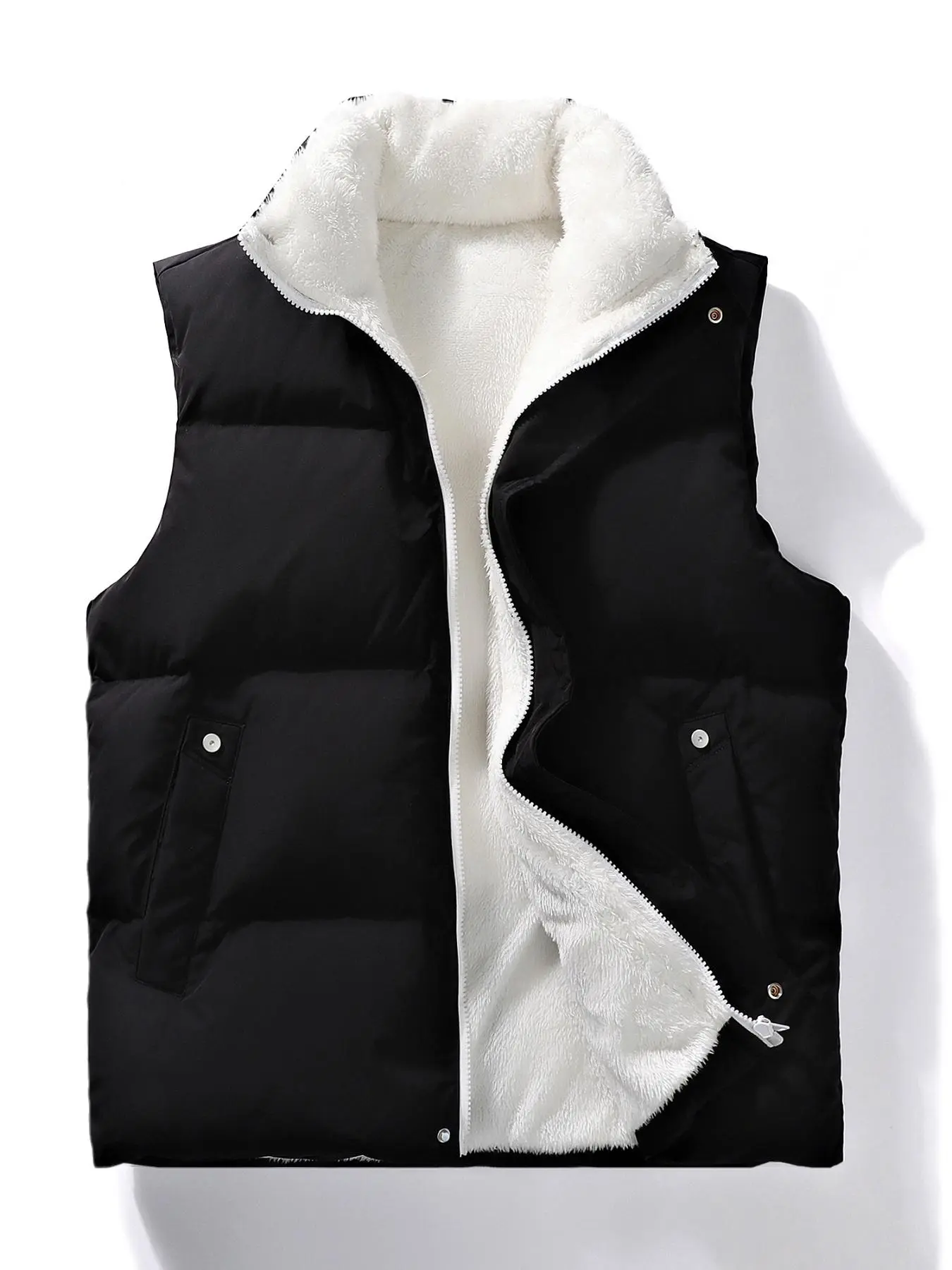 Men's Solid Color Pocket Zipper Fluffy Gilet, Regular Fit Casual Stand Collar Sleeveless Outerwear for Fall & Winter, Men's Clothes for Daily Wear