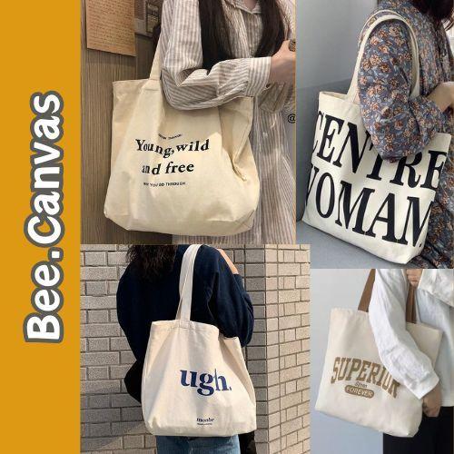  Bee.Canvas Túi Tote Vải Canvas Phong Cách Hàn Quốc Đeo Vai Có Khóa Miệng Túi Phụ Bên Trong Bag Nhung Nữ Kích Thước 41cm*8cm*37cm Màu Trắng Đen In Hình 