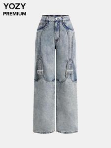 YOZY Women's Plain Pocket Design Denim Jeans, Casual Fashion Comfy Jeans for Daily Wear, Ladies Bottoms for All Seasons