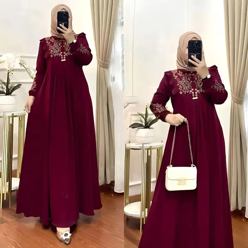 Vigansya Design Lunara Maxi Dress Bahan Cringkle Airlfow Aplikasi Bordir Mewah Elegant Kekinian 2