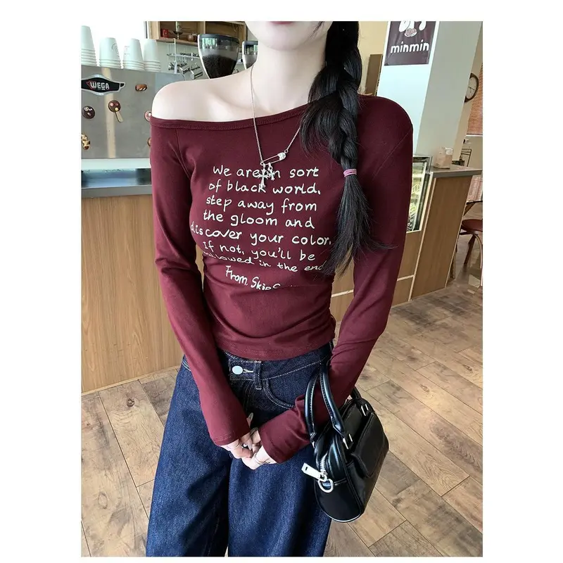 áo trễ vai xinh đẹp, Kiểu Lớp Cơ Sở, In Chữ, Eo Co Giãn, Xếp Ly,áo sơ mi nữ hottrend，áo nữ style hàn quốc 6