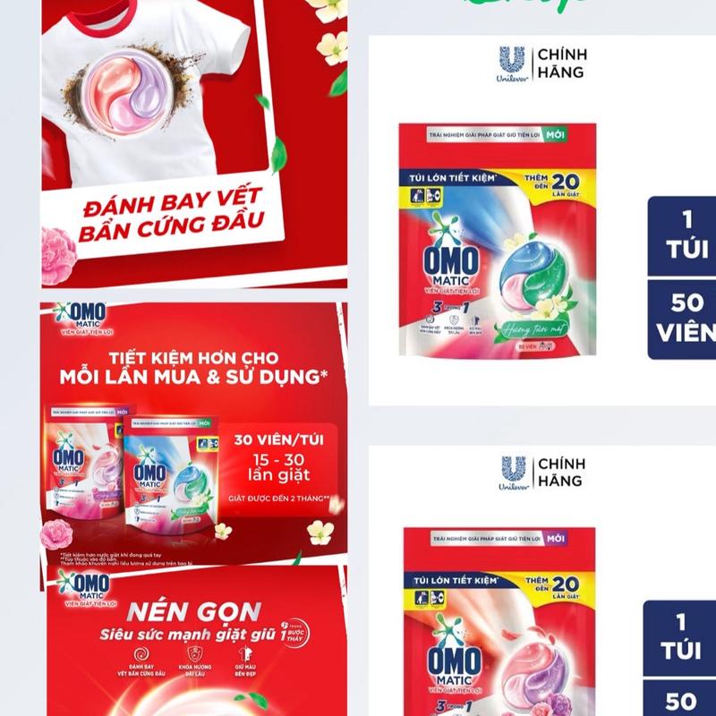 OMO  - Túi 50 viên giặt tiện lợi 3 trong 1- Đánh bay vết bẩn cứng đầu và mùi hôi - Làm Sạch quần áo
