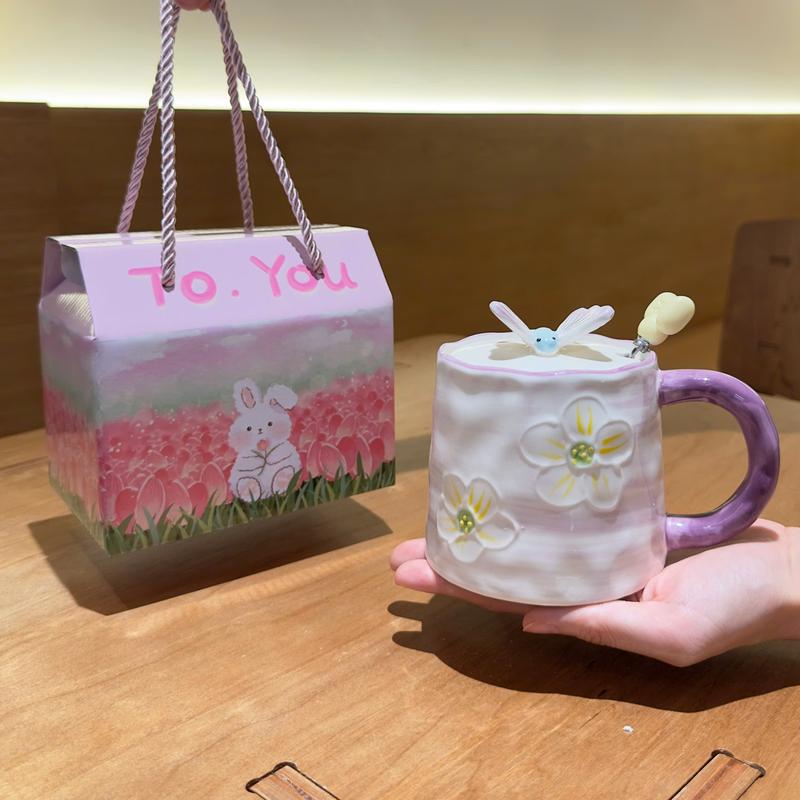 quà tặng Ly sứ uống nước hình hoa 3D 400ml quà tặng cho bạn Rất ý nghĩa Có nắp kèm thìa HDB
