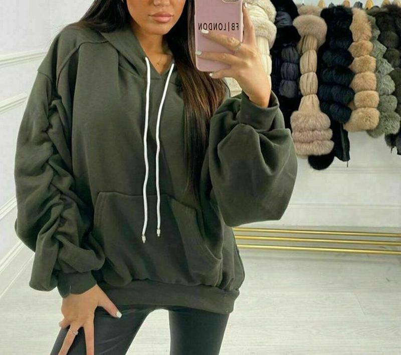 Womens Ruched Sleeve Fleece Oversized Hoodie Top Ladies Sweatshirt Hooded Jumper 3