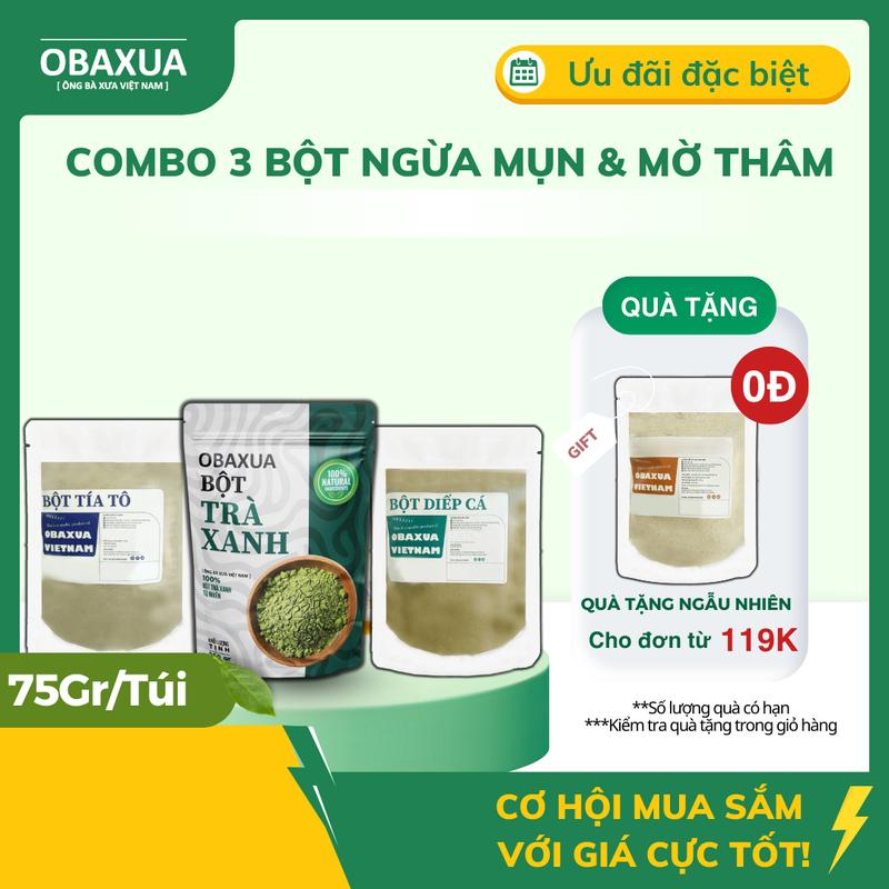 Combo 3 Túi Bột : Bột Trà Xanh, Bột Diếp Cá, Bột Tía Tô Obaxua ( 75gr/túi) Mask Dưỡng Da Mặt Làm Đẹp Da Skincare
