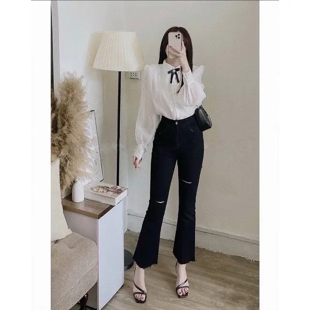 (BIG SIZE 35-95kg) Quần Jeans giấy Ống Loe Rách 2 Bên Đùi, Lưng cao, co giãn 4 chiều
