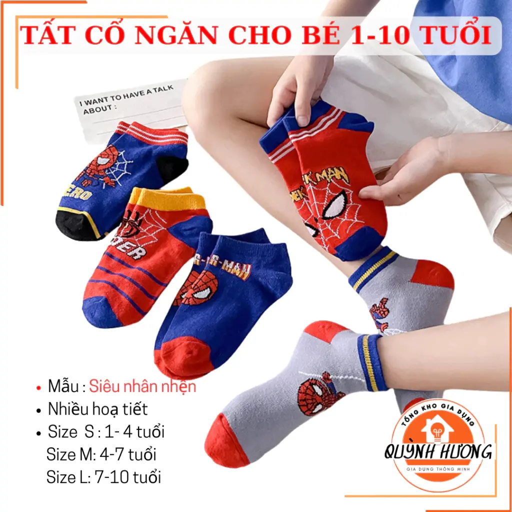 Combo 5 đôi Tất trẻ em cổ ngắn siêu nhân nhện Spider man cho bé trai từ  2- 10 tuổi - Quỳnh Hương Holding