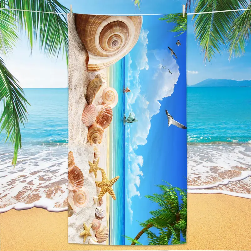 Starfish & Beach Pattern Beach Towel, 1 Count Quick Drying Beach Towel, Soft Absorbent Towel for Home Bathroom Beach Vacation 0
