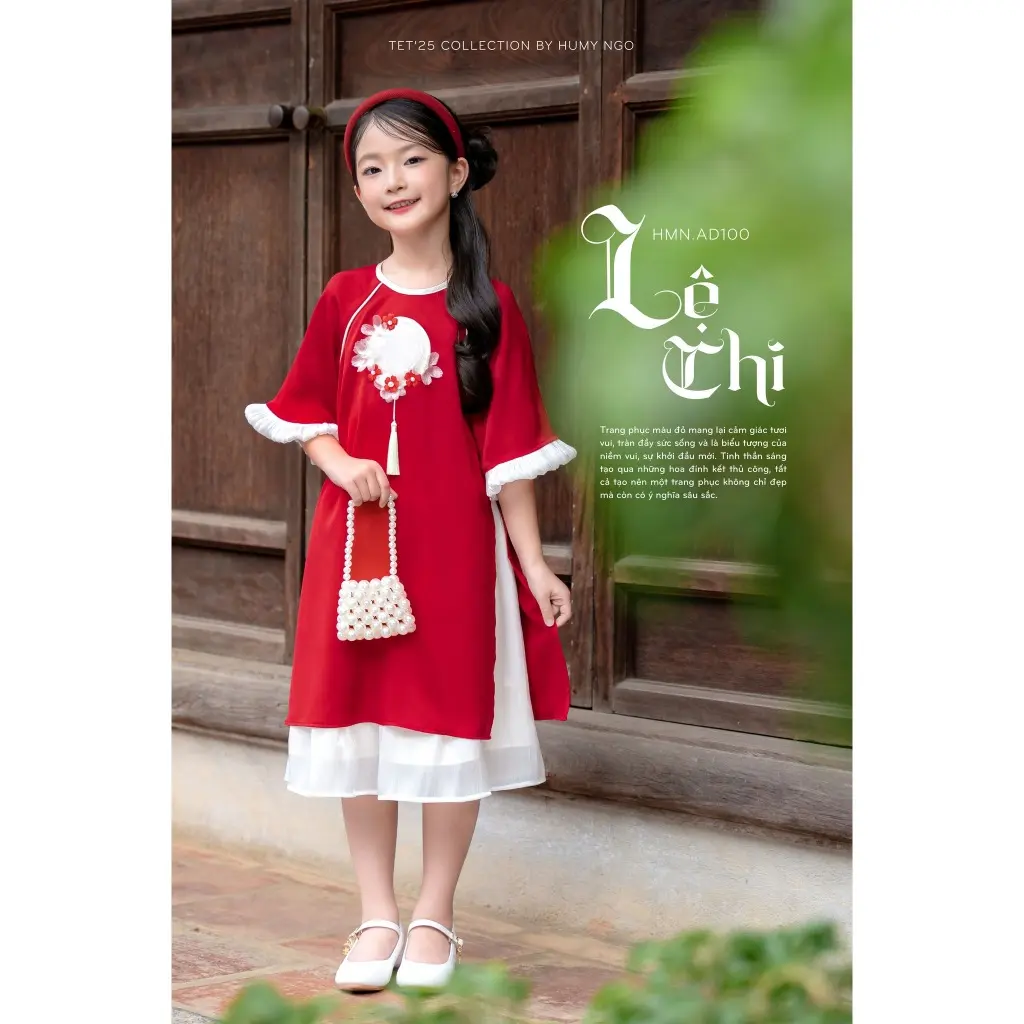 Áo dài Tết bé gái HUMYNGO màu đỏ kèm chân váy thiết kế xòe chất liệu lụa ngọc trai cao cấp cho bé từ 14 - 42kg [100]