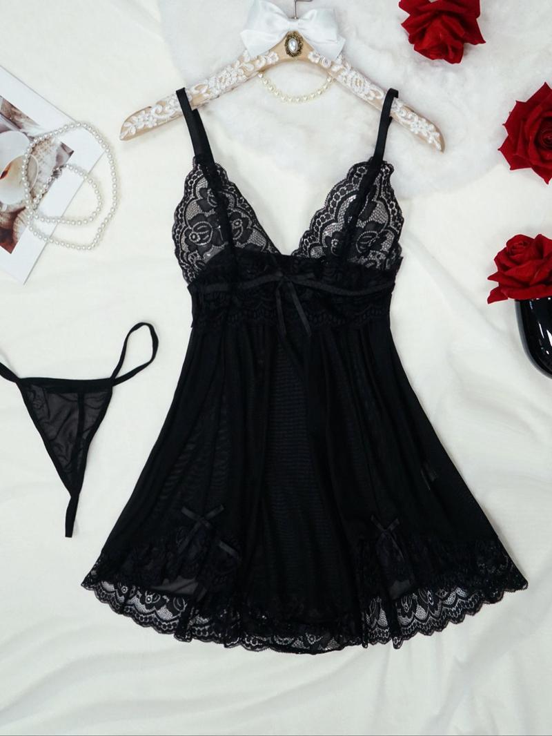 Product Introduction of Women's Contrast Lace Bow Decor Cami Nightdress & Sheer Thong Sexy Sleepwear Two-Piece Set, Naughty Lingerie, Romantic Comfy Spaghetti Strap Nightgown & Panty Set, Ladies Sleepwear for All Seasons Valentine's Day, gift 12