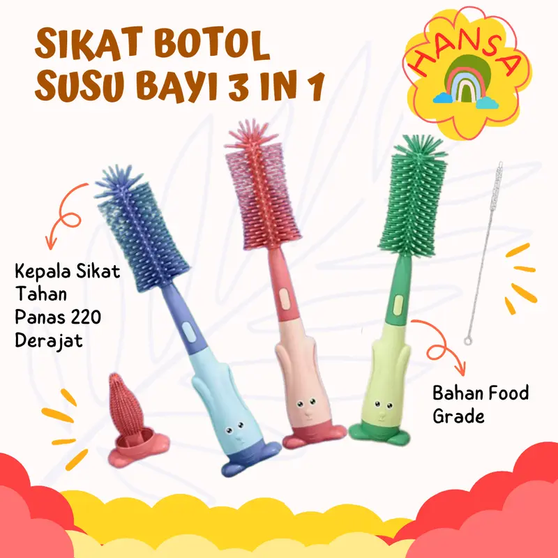 Sikat Botol Susu Bayi 3 in 1 Pembersih Alat Dot Balita Portable Biru & Pink RS-005-Biru/Pink - Bottle Cuci Brush 0