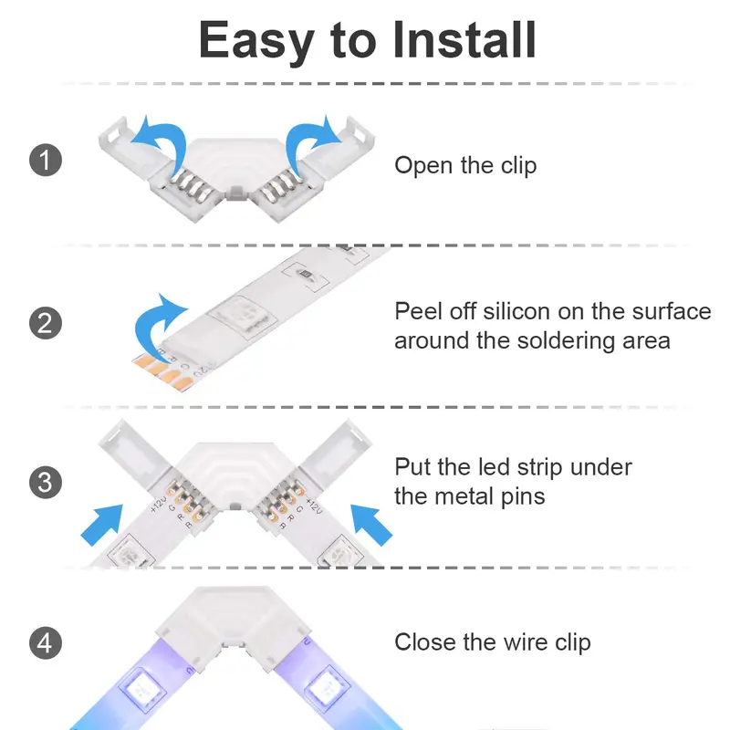10mm 4pin L-Shape LED Corner Connector, 5 Counts 90-Degree Right Angle LED Light Strip Connector, Suitable for 5050 3528 Tape Light 6