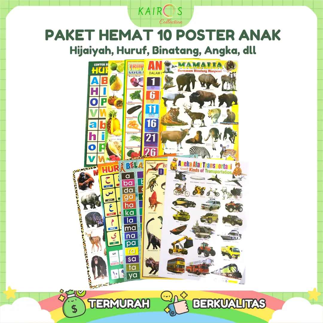 Paket 10 Poster Anak Edukasi Belajar Huruf, Angka, Hijaiyah, Binatang, Buah, Kendaraan Alat Karton Sekolah Stationery