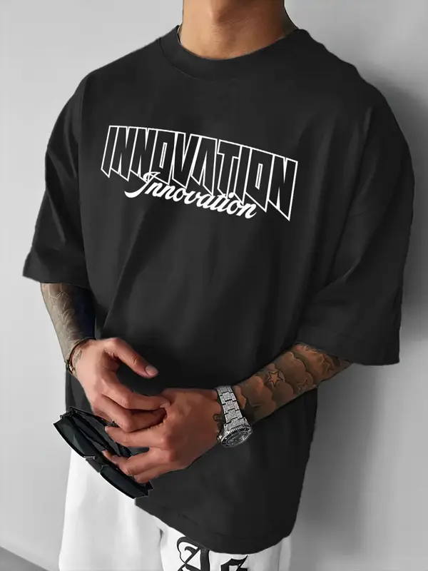 Men's Letter Print Tee, Loose Casual Fashion Round Neck Short Sleeve T-shirt for Summer, Men's Top for Daily Wear 1