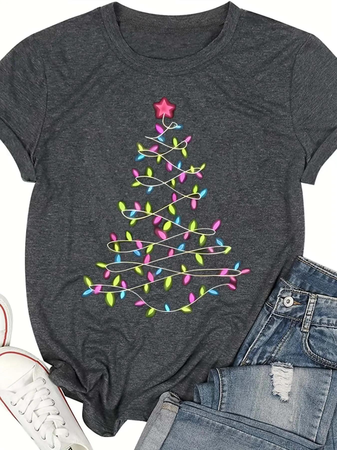 【Plus Size】 Christmas Tree Print Round Neck Tee, Casual Short Sleeve Crew Neck T-Shirt for All Seasons, Women's Clothing for Daily Wear