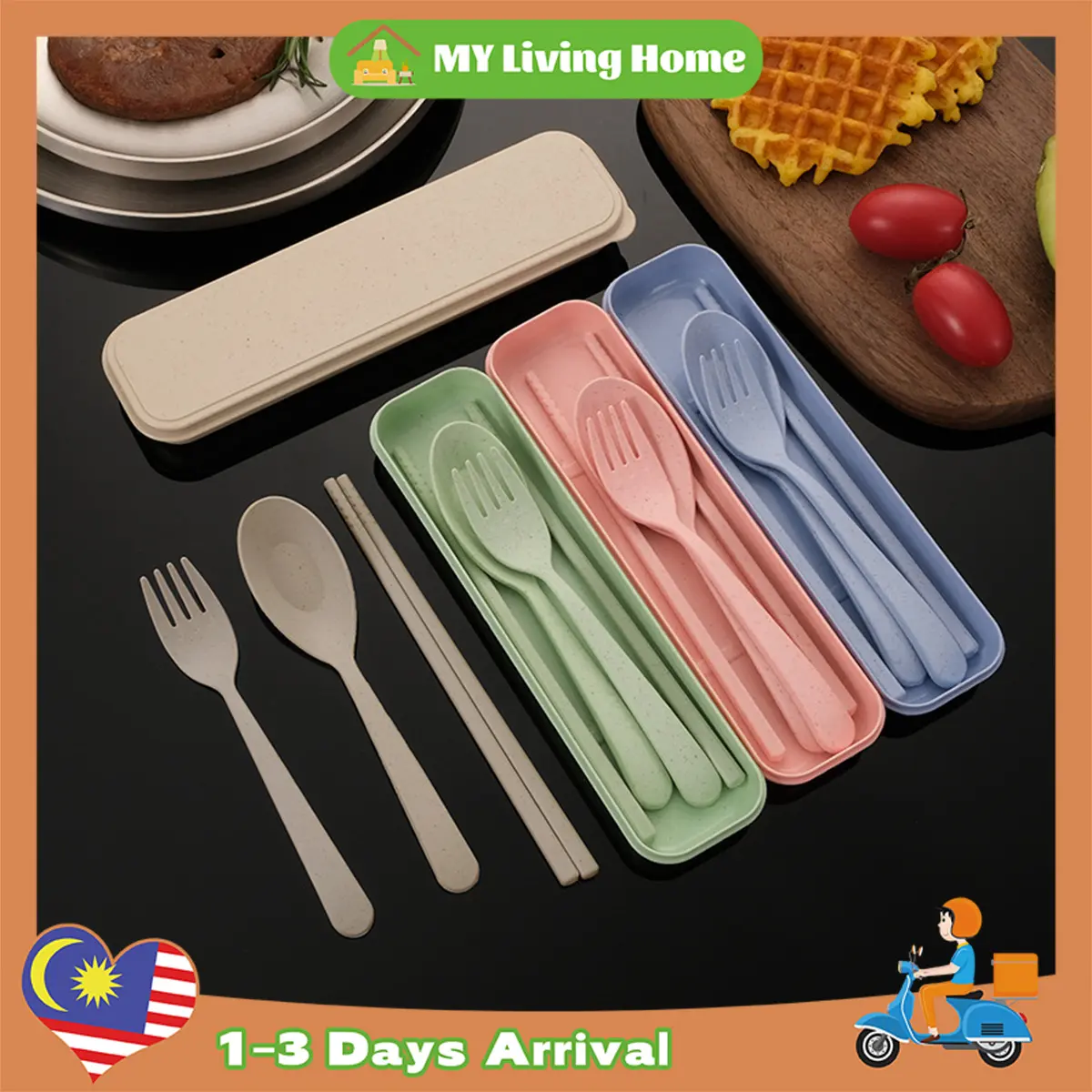 3 pcs Portable Wheat Cutlery Set Travel Spoon Fork Chopstick Box Door gift garpu dan sudu plastik Kitchenware Pink Tableware