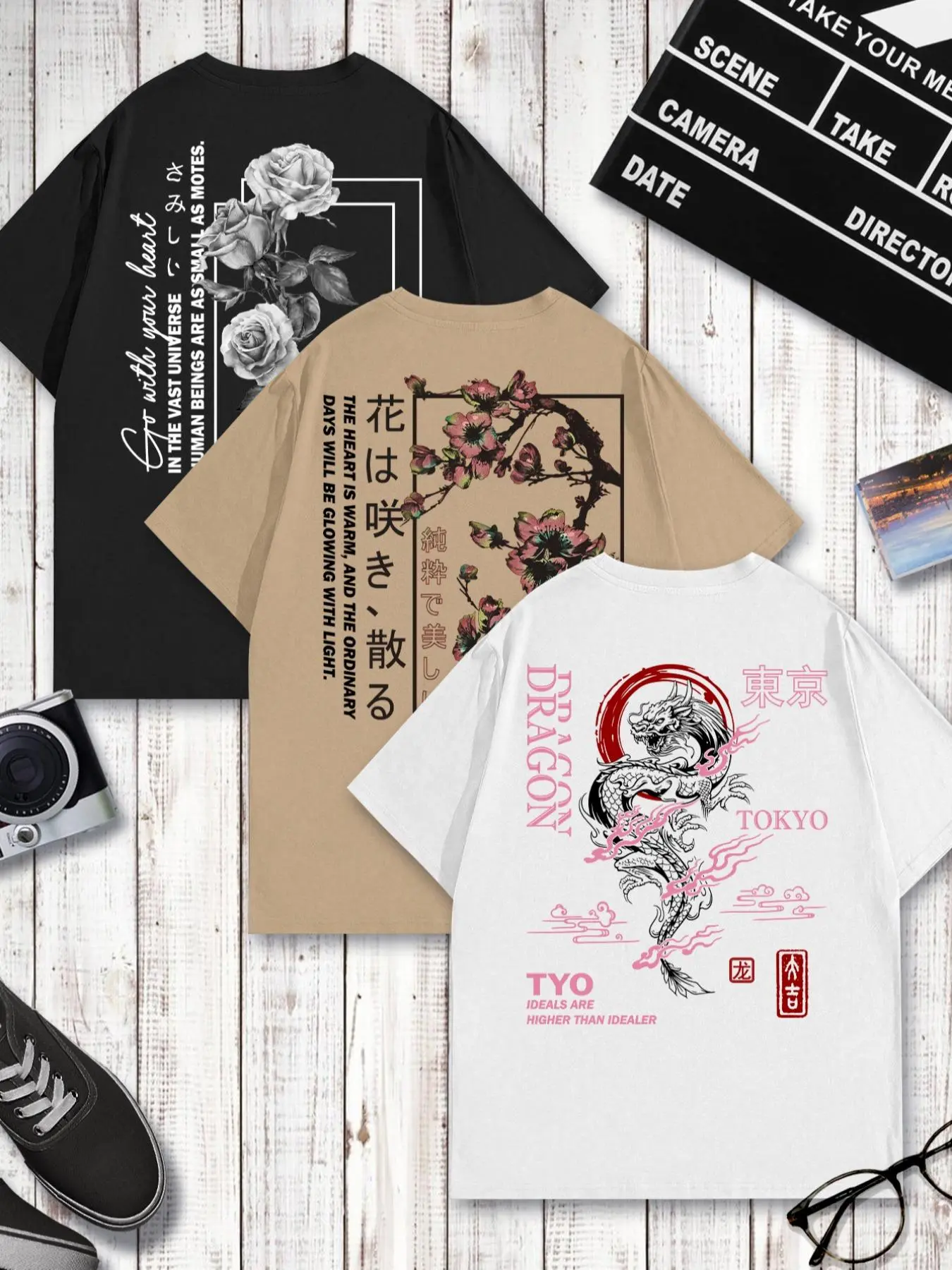 Men's Dragon & Floral Print Short Sleeve Graphic Tee, Loose Casual Japanese Style T-shirt for Summer, Men's Top for Daily Wear, Tropical