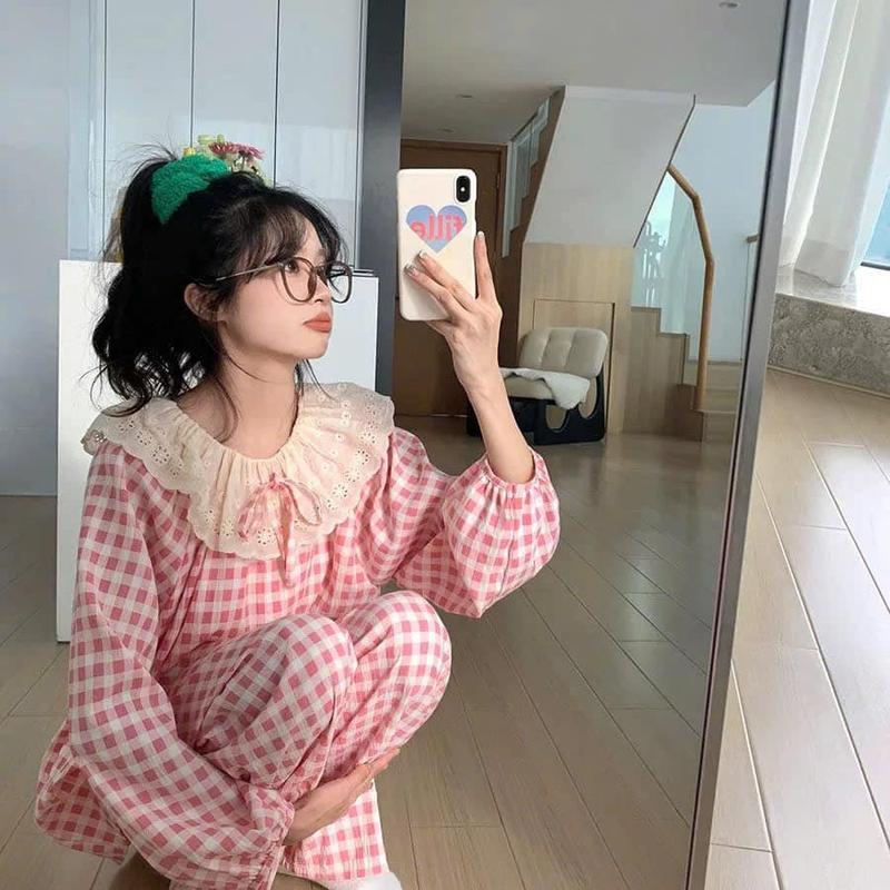 Bộ Karo Bèo Cổ - Áo Cổ Bèo Dài Tay + Quần Suông Phom Rộng - Chất Liệu Đủi Karo Hottrend - Hà Huế Shop 2