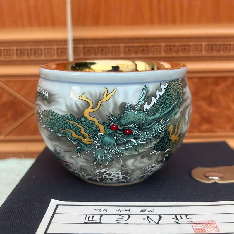 chén trà thanh long dưỡng tử sứ Cảnh Đức mạ vàng miệng chén A026 0