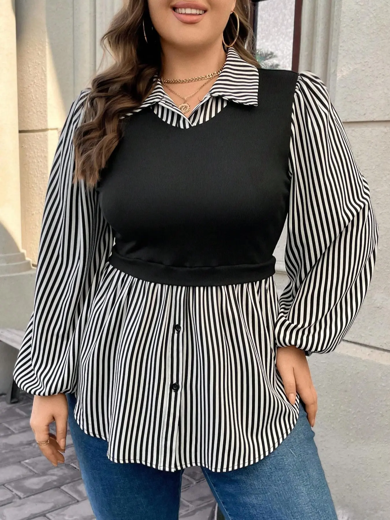 【Plus Size】 2 in 1 Striped Patchwork Print Button Front Blouse, Casual Bishop Sleeve Collared Top for Fall & Winter, Women's Clothes for Daily Wear