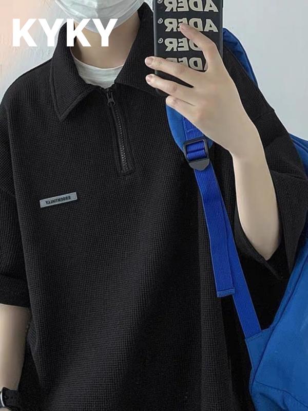 Kyky Korean style plain color waffle label zipper POLO shirt - TikTok ...
