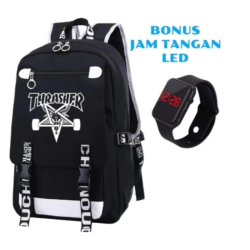 ADN STORE - TAS RANSEL SEKOLAH ANAK LAKI LAKI THRASHER - TAS SEKOLAH ANAK TK SD SMP KEKINIAN FREE JAM LED FASHION