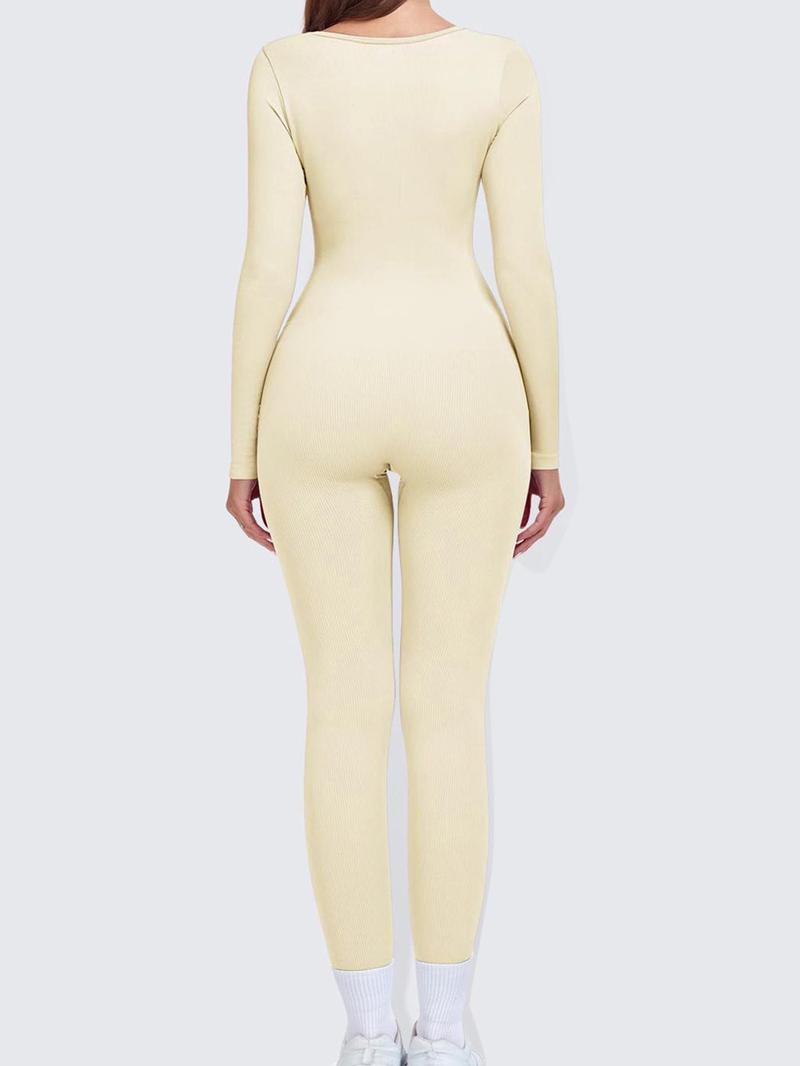 Product Introduction of Women's Solid Long Sleeve Square Neck Jumpsuit, Casual Comfy Skinny Jumpsuit for Daily Wear, Ladies Fall & Winter Clothes, Overalls 2