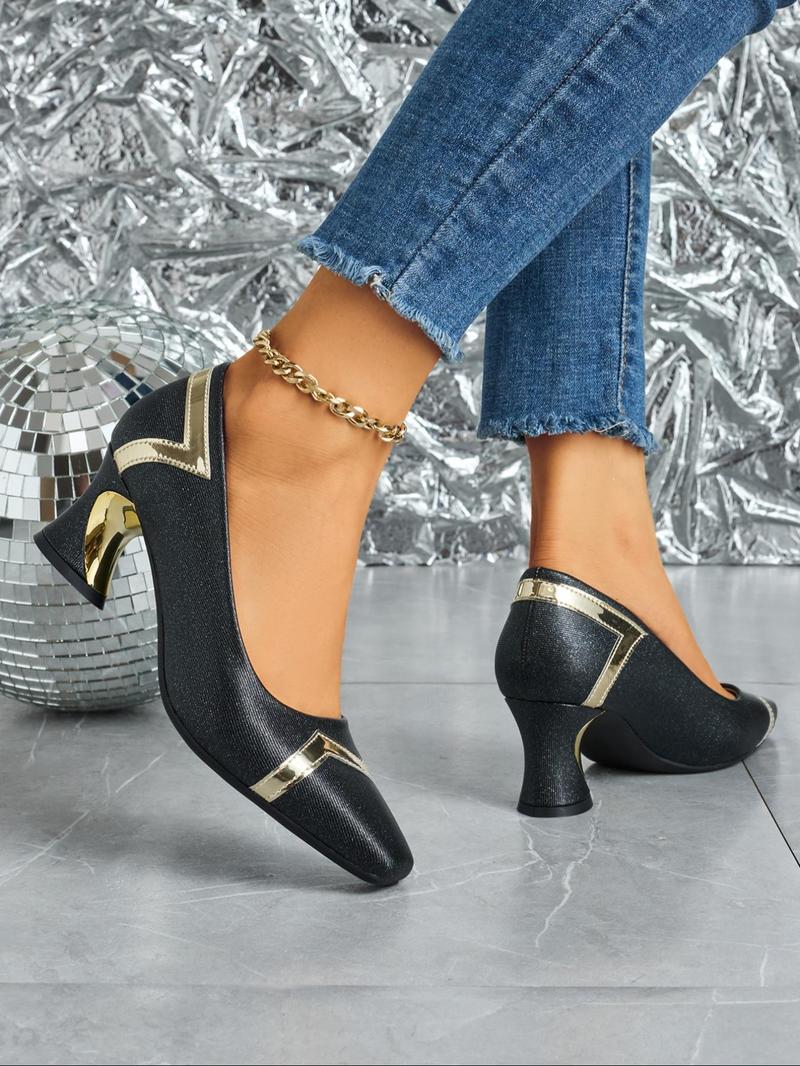 Product Introduction of Women's Fashionable Metallic Square Toe High Heel Shoes, Elegant  Slip on Shoes for Party, Daily Clothing Decor for Women & Girls 3