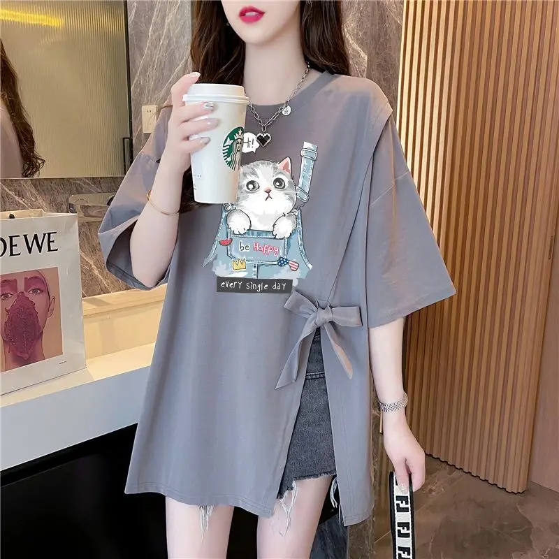 Áo Thun ngắn Tay Dáng Rộng Che Bụng, Phong Cách Thường Ngày Mùa Hè, Áo Nữ, Cỡ Lớn, Thời Trang, Tay Lửng Xẻ Tà, Thích Hợp Cho Bé Gái Đầy Đặn, 100,00kg
