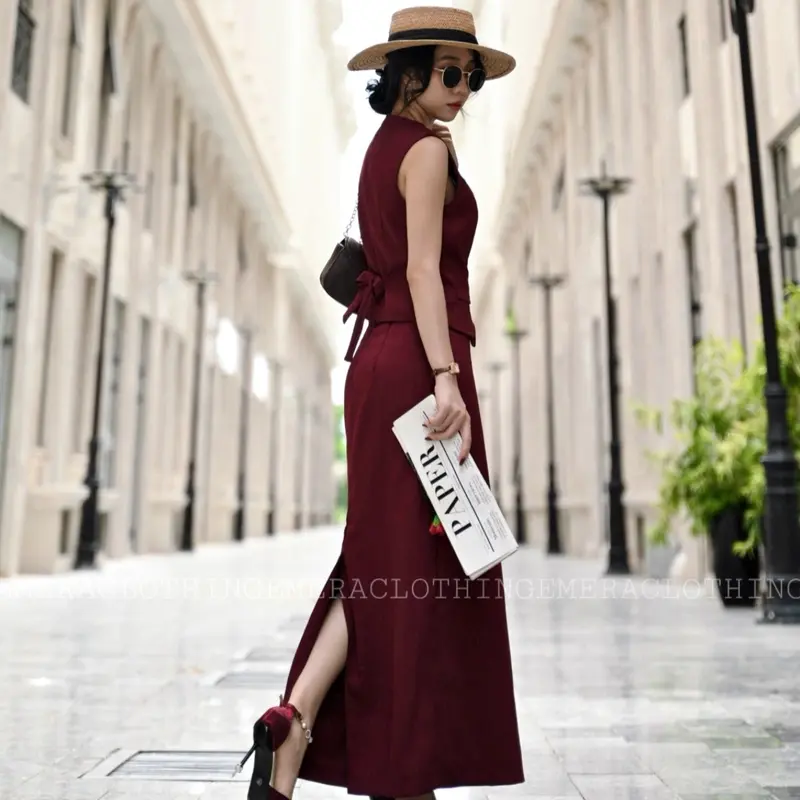 Set thiết kế váy áo Amelia Đỏ Đô- áo croptop gile và chân váy dáng dài sang chảnh, thời thượng Nữ Women Kem Kaki vay 4