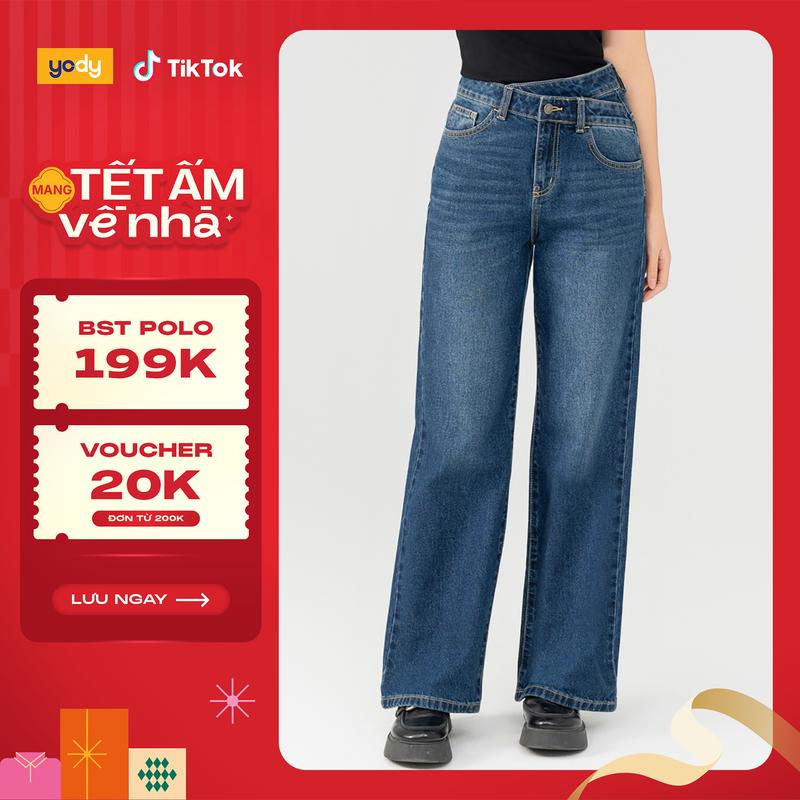 YODY Quần Jeans Nữ Dáng Suông Ống Rộng Cạp Chéo QJN6018