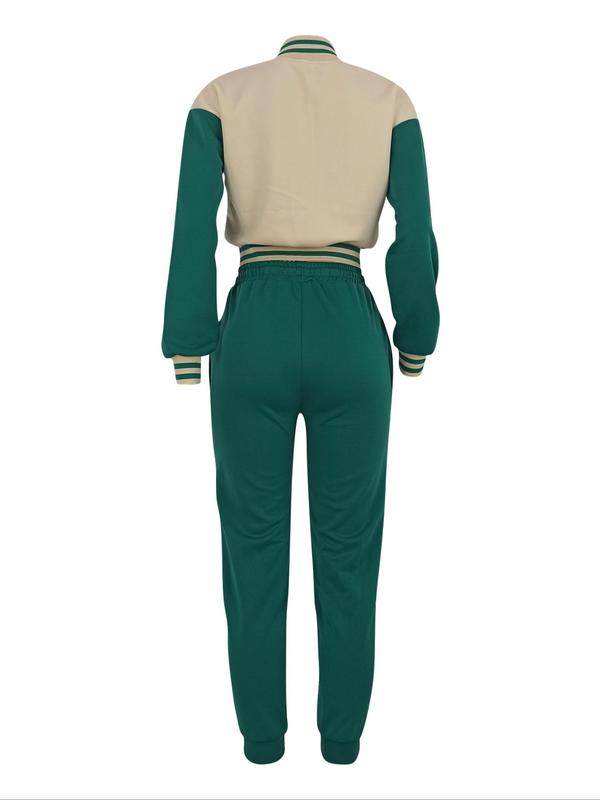 Women's Colorblock Print Short Jacket & Drawstring Waist Sweatpants Two-piece Set, Two Piece Set Women, Casual Long Sleeve Mock Neck Outerwear & Pocket Pants for Daily Wear, Ladies Fall & Winter Clothes, Co-ord Sets 8