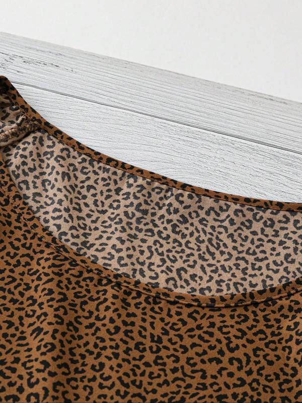 Plus Size Leopard Print Flounce Sleeve Blouse, Elegant Round Neck Half Sleeve Top for Spring & Fall, Women's Plus Clothing for Daily Wear 7