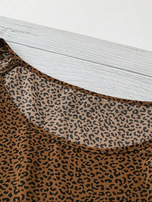 Plus Size Leopard Print Flounce Sleeve Blouse, Elegant Round Neck Half Sleeve Top for Spring & Fall, Women's Plus Clothing for Daily Wear 3