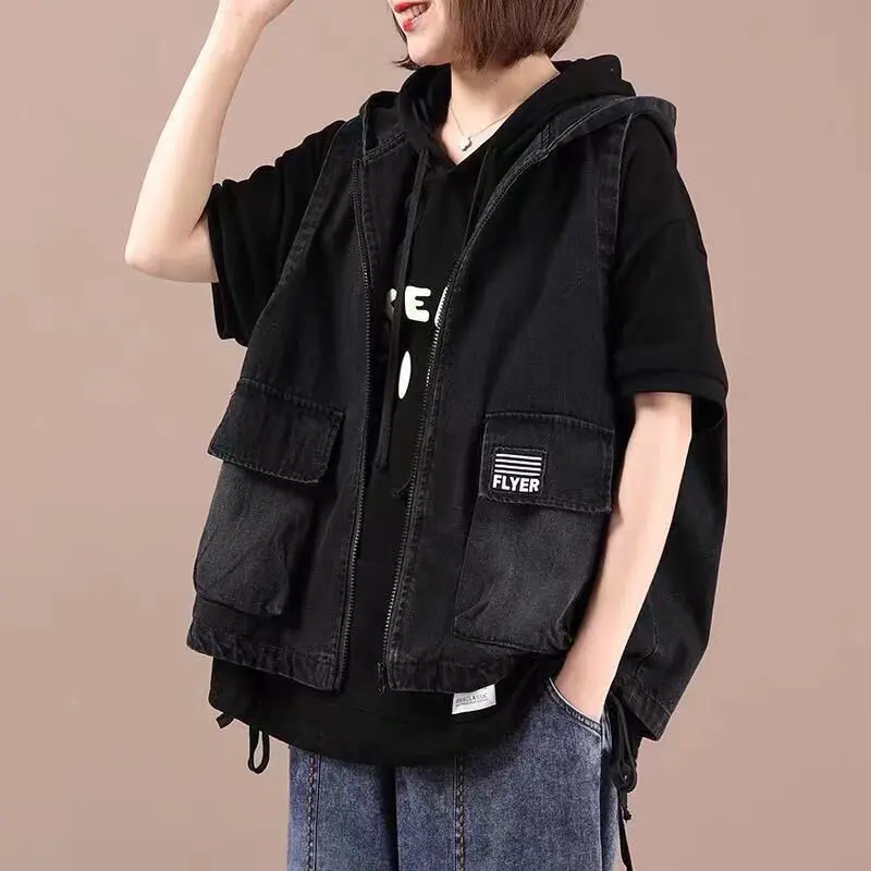 Áo Vest Denim Có Mũ Phong Cách Hàn Quốc, Dành Cho Nữ, Hàng Mới Về Mùa Xuân Và Mùa Thu, Ngoại Cỡ, Dáng Rộng Rãi Và Đi Chơi, Dễ Phối Đồ Có Thể Mặc Ngoài Trời, Áo Khoác Ngắn, Xu Hướng 2024