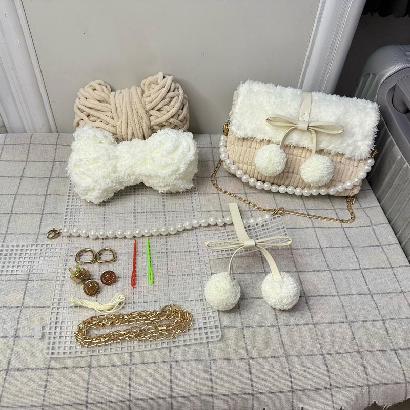 (Nơ Làm sẵn)Bộ Nguyên Liệu Tự Đan Túi Len Pom Pom, Phụ Kiện Tự  Đan Túi DIY (Có hướng dẫn đầy đủ, chi tiết, hỗ trợ đến khi hoàn thiện) Handmade Bag Đeo Vai, Đeo chéo Nữ Len Kem Tote số 1 sợi