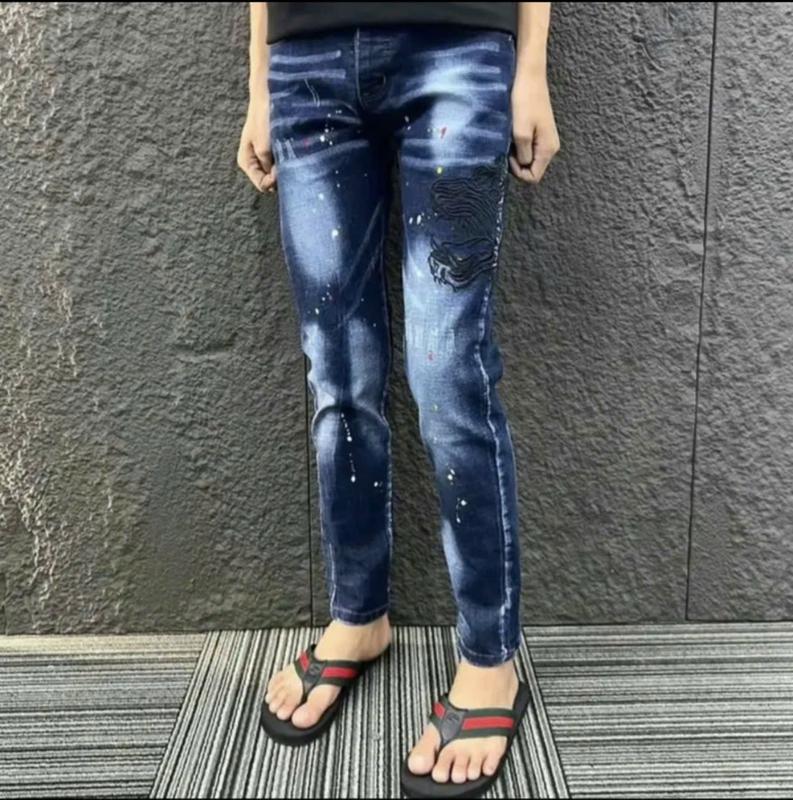 Quần jean nam xanh boy phố phối tag thêu mặt hổ chất co giãn form ôm cao cấp-GIN MAN Menswear Pants 4
