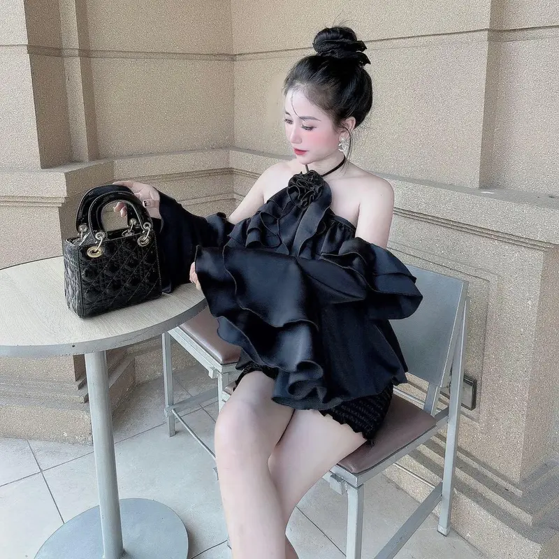Váy nữ sang chảnh - Váy lụa rớt vai bèo hoa cổ tay loe (TL-1393) Women Dress 6