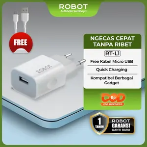 ROBOT Adaptor Charger Single Port Quick Charging Include Kabel Micro Universal Untuk HP Tablet Gadget Perlindungan Cerdas Disipasi Panas Bahan Tahan Suhu Tinggi Desain Portabel Kecil Mudah Dibawa Charger Harian RT-L1
