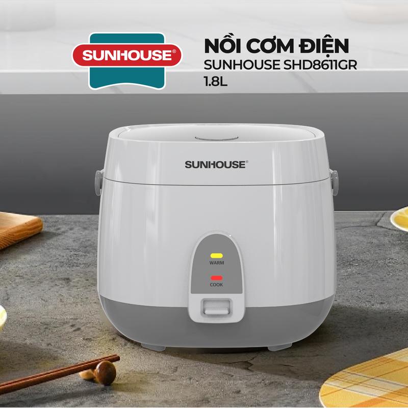 [ĐỘC QUYỀN KOS] NỒI CƠM ĐIỆN 1.8L SUNHOUSE SHD8611GR - Lòng nồi hợp kim nhôm dày 1.0mm, tỏa nhiệt đều - Chống dính kép 2 lớp Whitford (USA), an toàn sức khỏe - Mâm nhiệt lớn, cơm chín nhanh, tiết kiệm thời gian