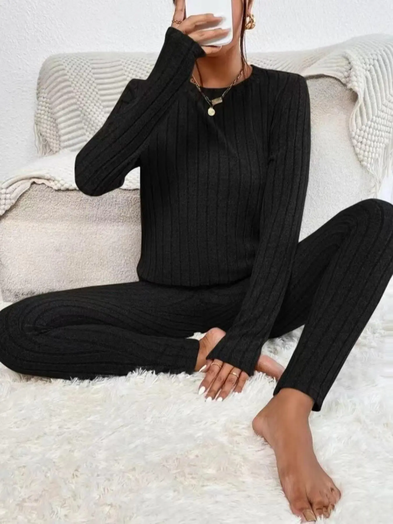 Women's Ribbed Long Sleeve Crewneck Tee & Elastic Waist Pants Matching Lounge, Chav Sets, Split Hem Round Neck Top & Trousers Two-Piece Pajamas, Lady Co-ord Clothes