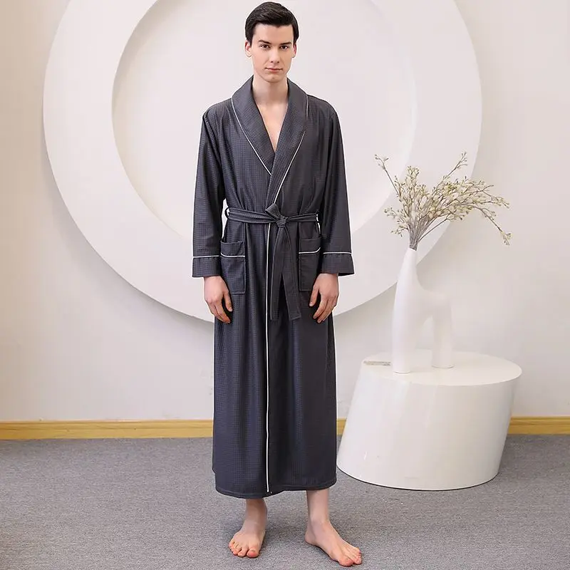 Spring and summer satin waffle thin men's bathrobe with long sleeves and extended length, plus plus plus oversized absorbent nightgown, men's pajamas