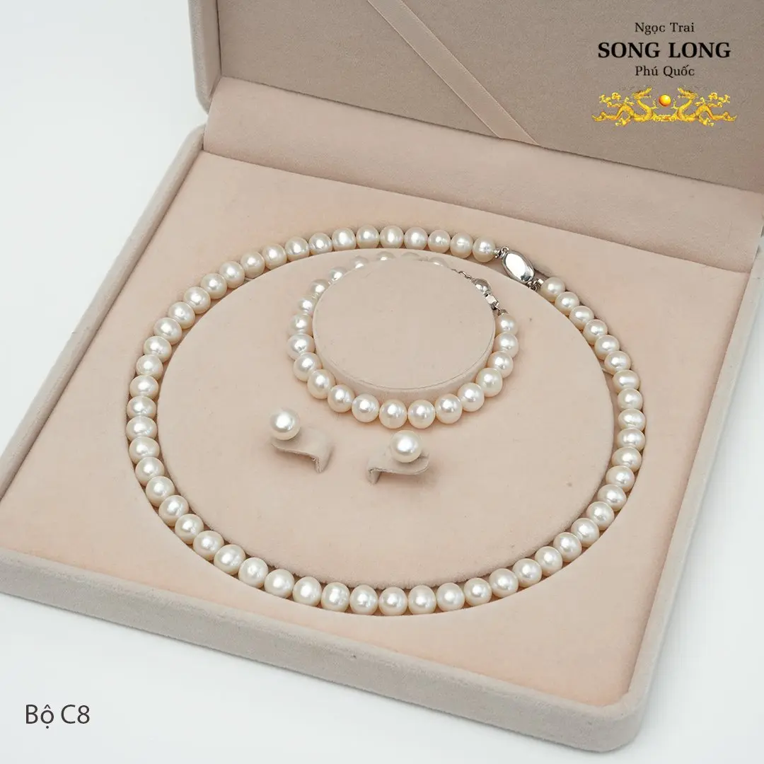 [Bộ C8] Bộ ngọc trai bông tai, chuỗi cổ và chuỗi tay đơn giản size 8mm