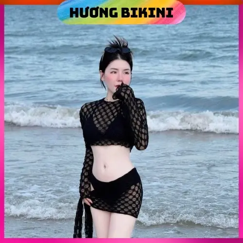 SET BIKINI ĐI BIỂ 4MÓN PHỐI ÁO REN DÀI TAY + KHĂN REN HOA NHÍ