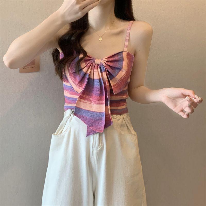 Product Introduction of Sweet and Spicy Style Striped Small Sling Vest Women's Summer Inner Wear Outer Wear Design Sense Niche Bow Sleeveless Short Top turtleneck  tank Lingerie Plaid Spaghetti Strap tank  top camisole  tops baby  tee 14